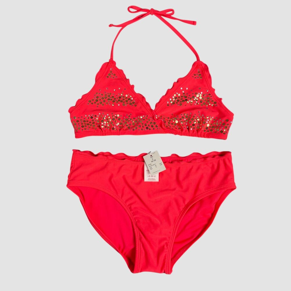 NWT Xhilaration Red Embellished Bikini Set Scalloped Halter Girls L 10/12